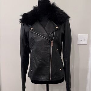 Karl Lagerfeld Genuine Leather Jacket with Fur Collar - NEW with Tags